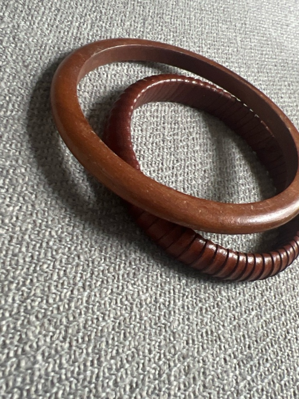 Vintage Carved Wood and Wrapped Leather  Bangle Bracelet Set